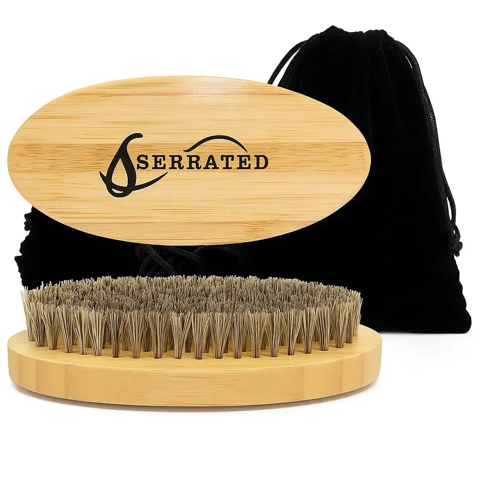 SERRATED Natural Boar Bristle Beard Brush – Bamboo Handle with Travel Bag