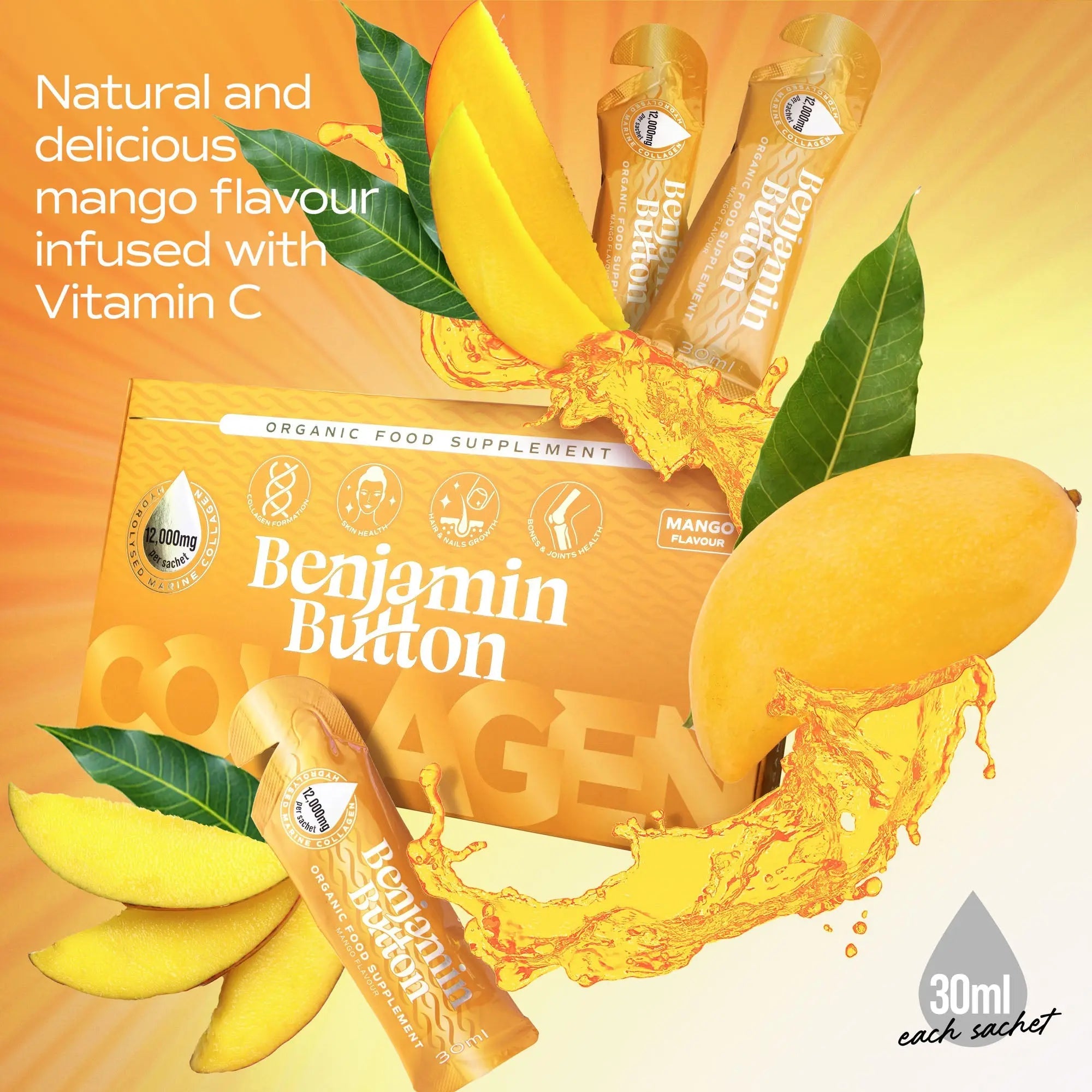14x Mango 12,000mg Marine Collagen Liquid Sachets