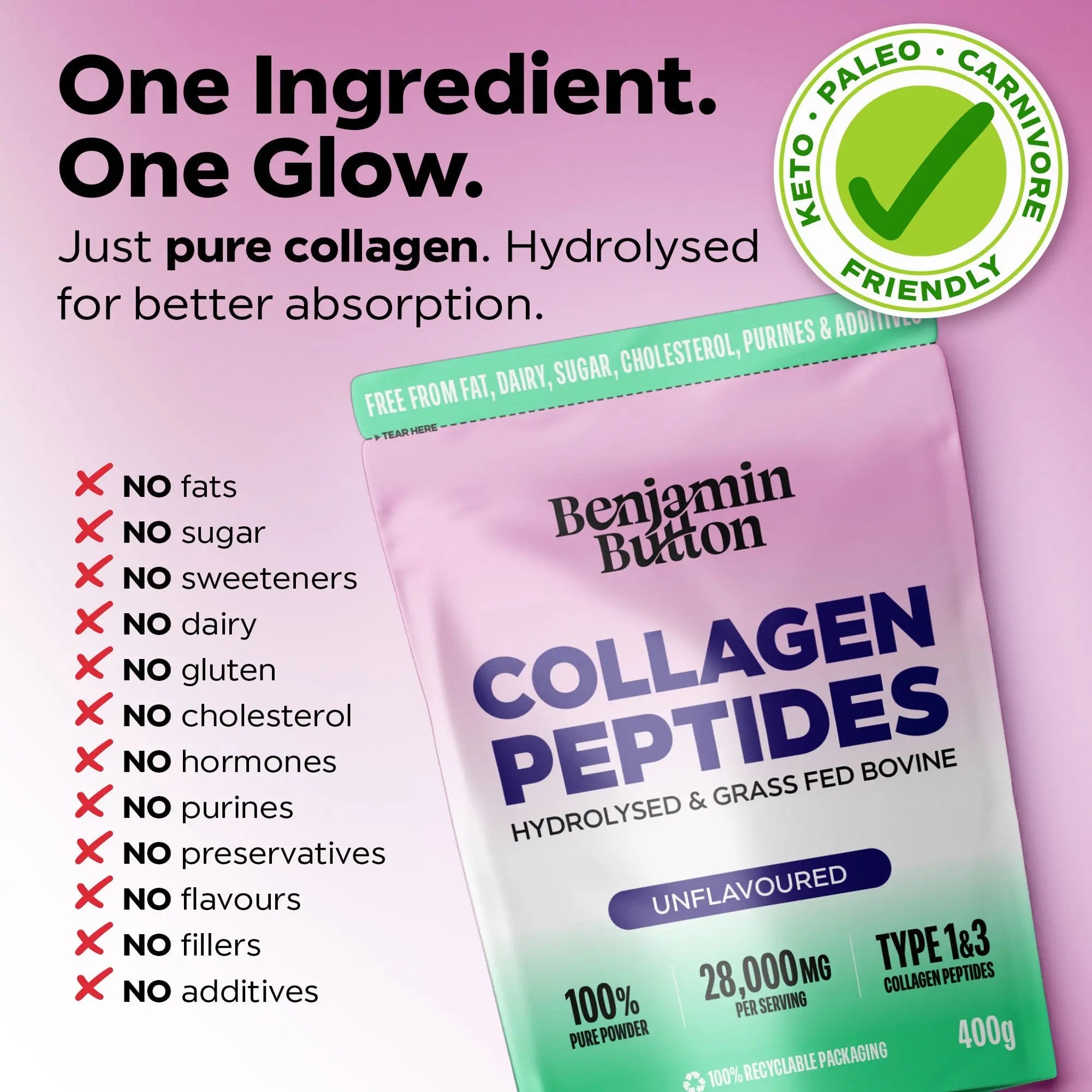 Bovine Collagen Powder - 95% Protein, 400g Unflavoured Benjamin Button