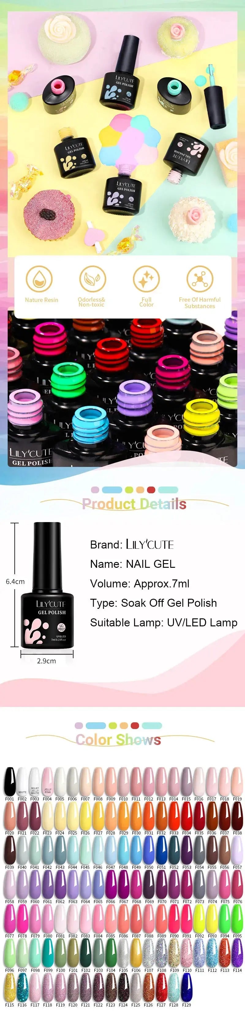 LILYCUTE Gel Nail Polish Set – 6×7ml Soak-Off UV/LED (Multiple Shade Sets)