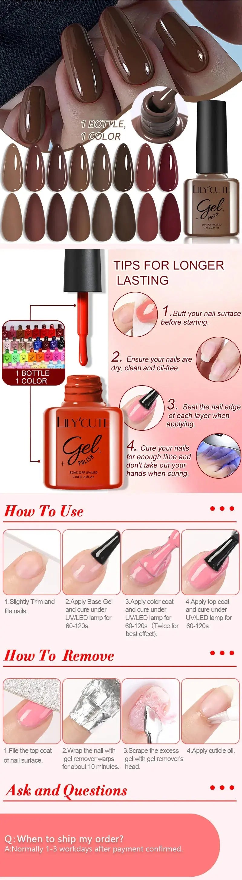 LILYCUTE 6Pcs/set 7ml Gel Polish Kit 125 Colours Semi Permanent