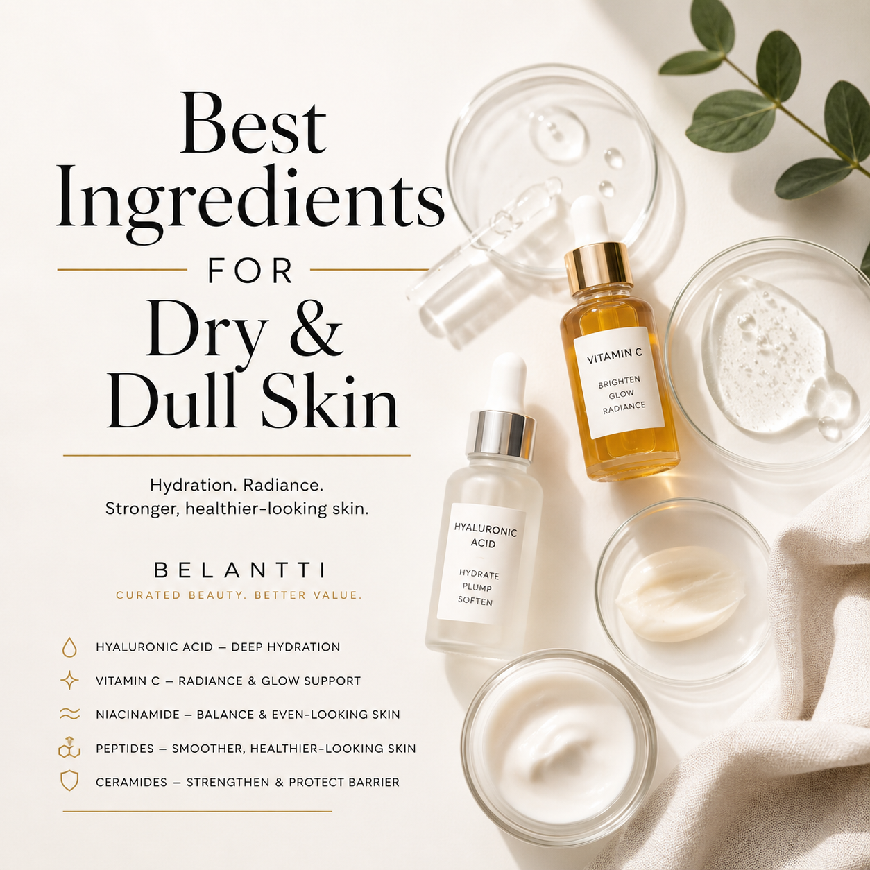Best skincare ingredients for dry and dull-looking skin, including hyaluronic acid, vitamin C, niacinamide, peptides and moisturiser.