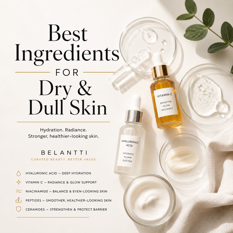 Best skincare ingredients for dry and dull-looking skin, including hyaluronic acid, vitamin C, niacinamide, peptides and moisturiser.