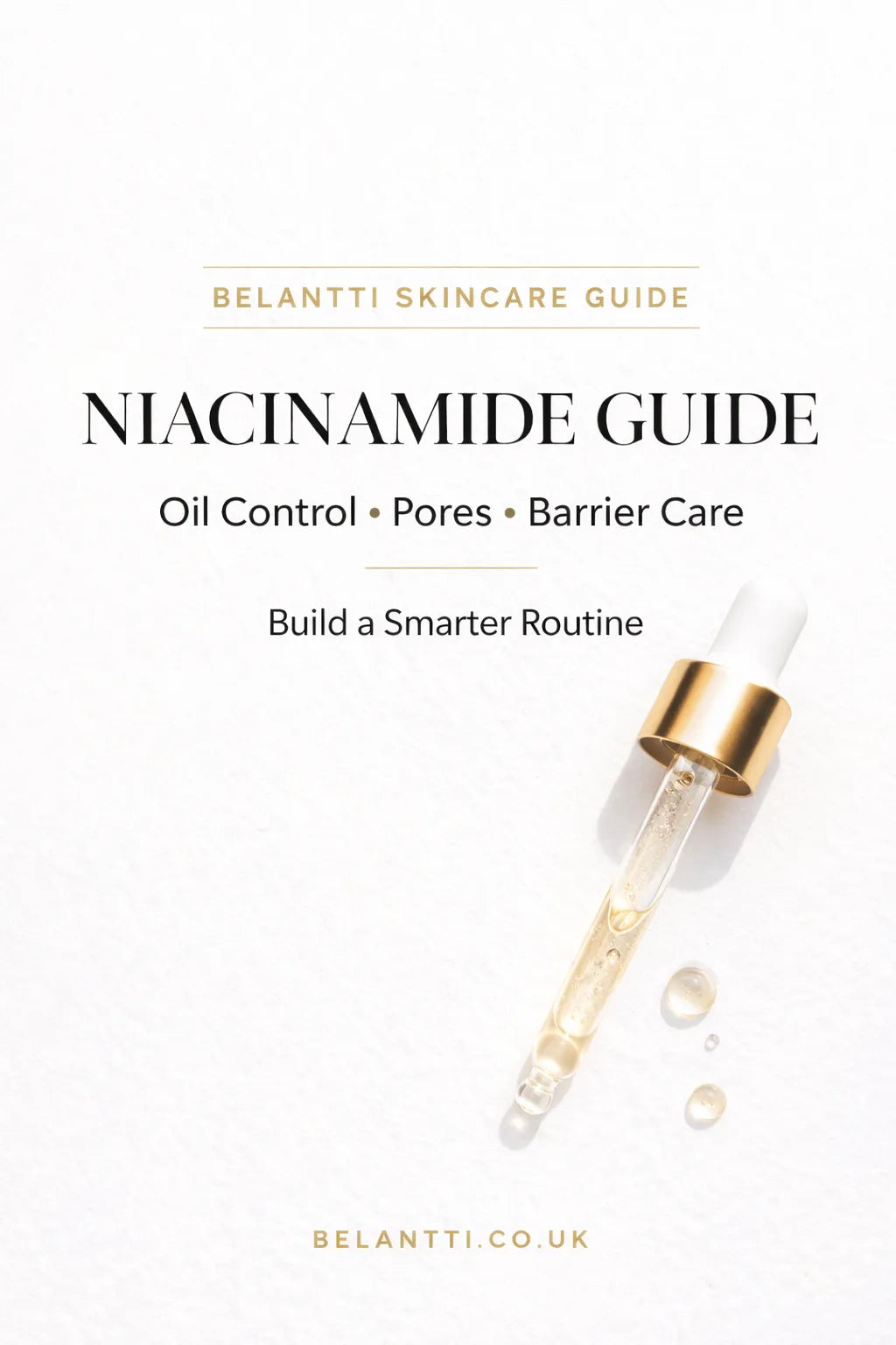 Niacinamide skincare guide graphic featuring a serum dropper