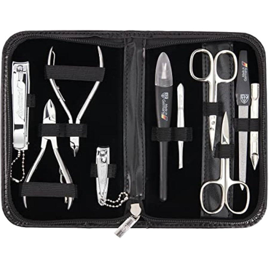 3 Swords Germany 10 piece manicure and pedicure grooming kit in black leather case