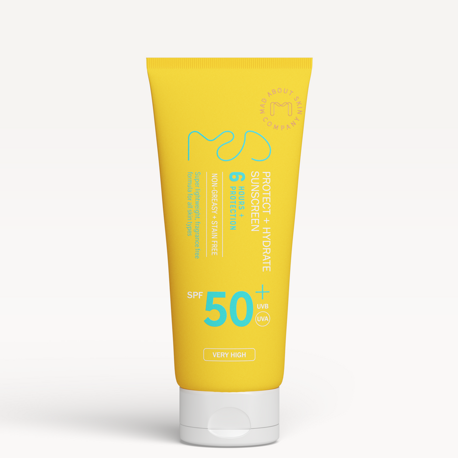 Yellow sunscreen tube with SPF 50 on a white background