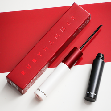 Ruby Hammer Mascara & Brow Duo with packaging and applicators
