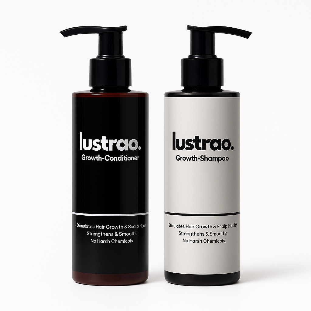 Lustrao Hair Growth Shampoo and Conditioner Duo on a white background – strengthening clean haircare set.
