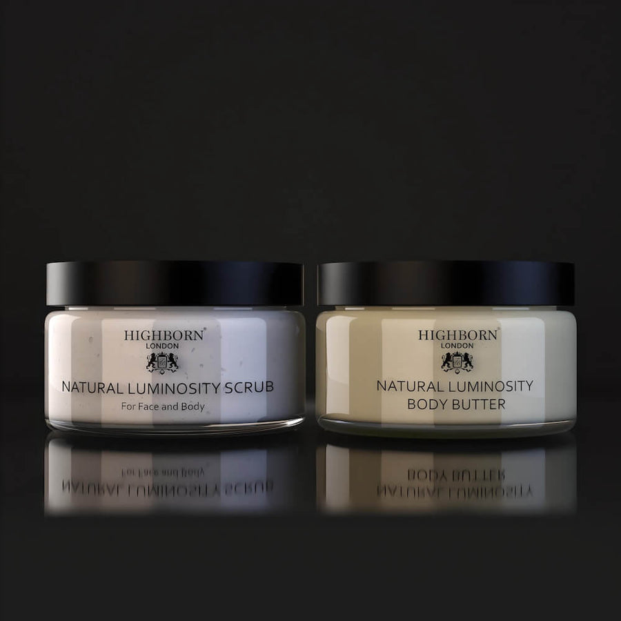 Highborn London Luminosity Scrub and Body Butter duo on a black studio background