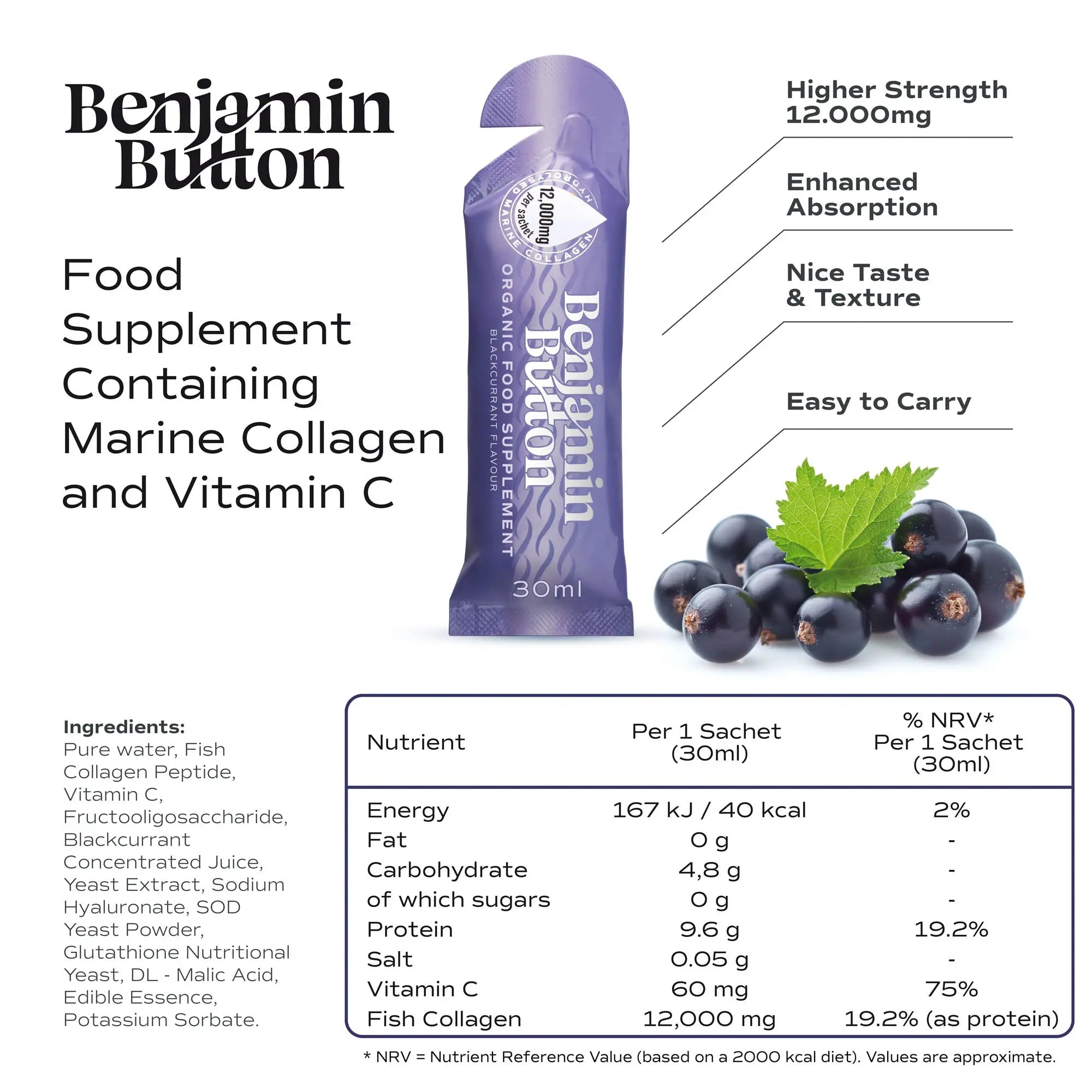 14x BlackCurrant 12,000mg Marine Collagen Liquid Sachets Benjamin Button