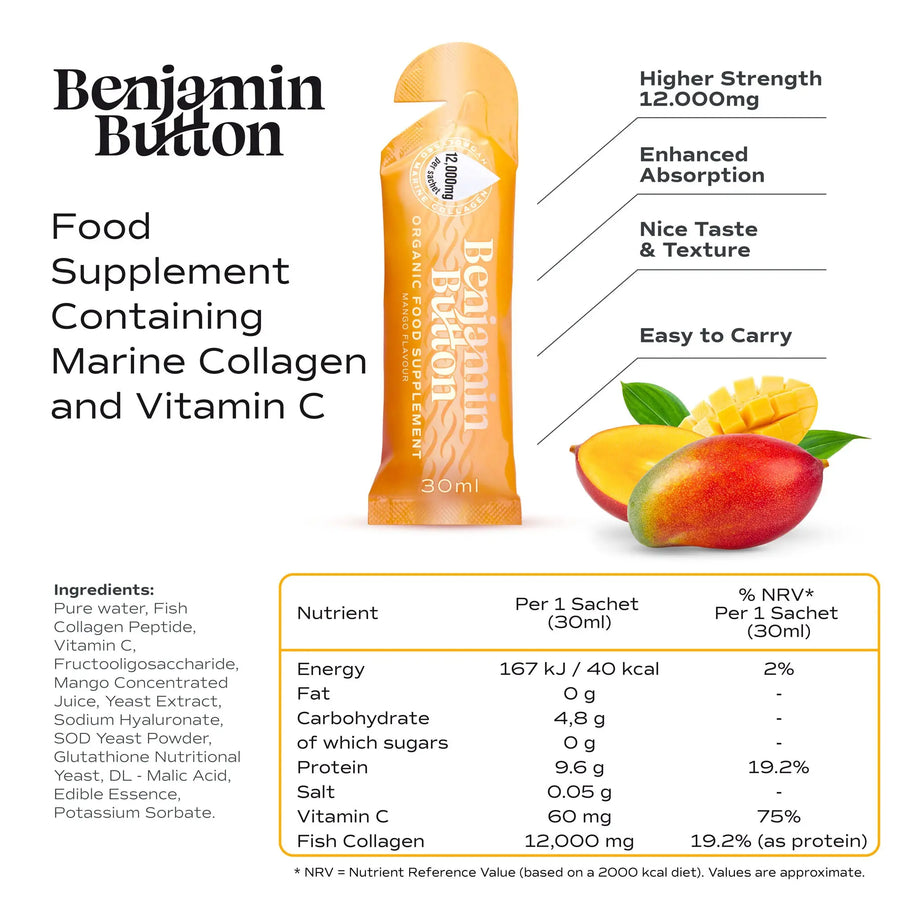 14x Mango 12,000mg Marine Collagen Liquid Sachets Benjamin Button