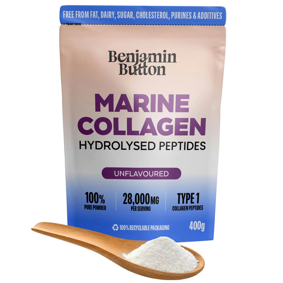 Benjamin Button Marine Collagen Powder 400g pouch and collagen scoop
