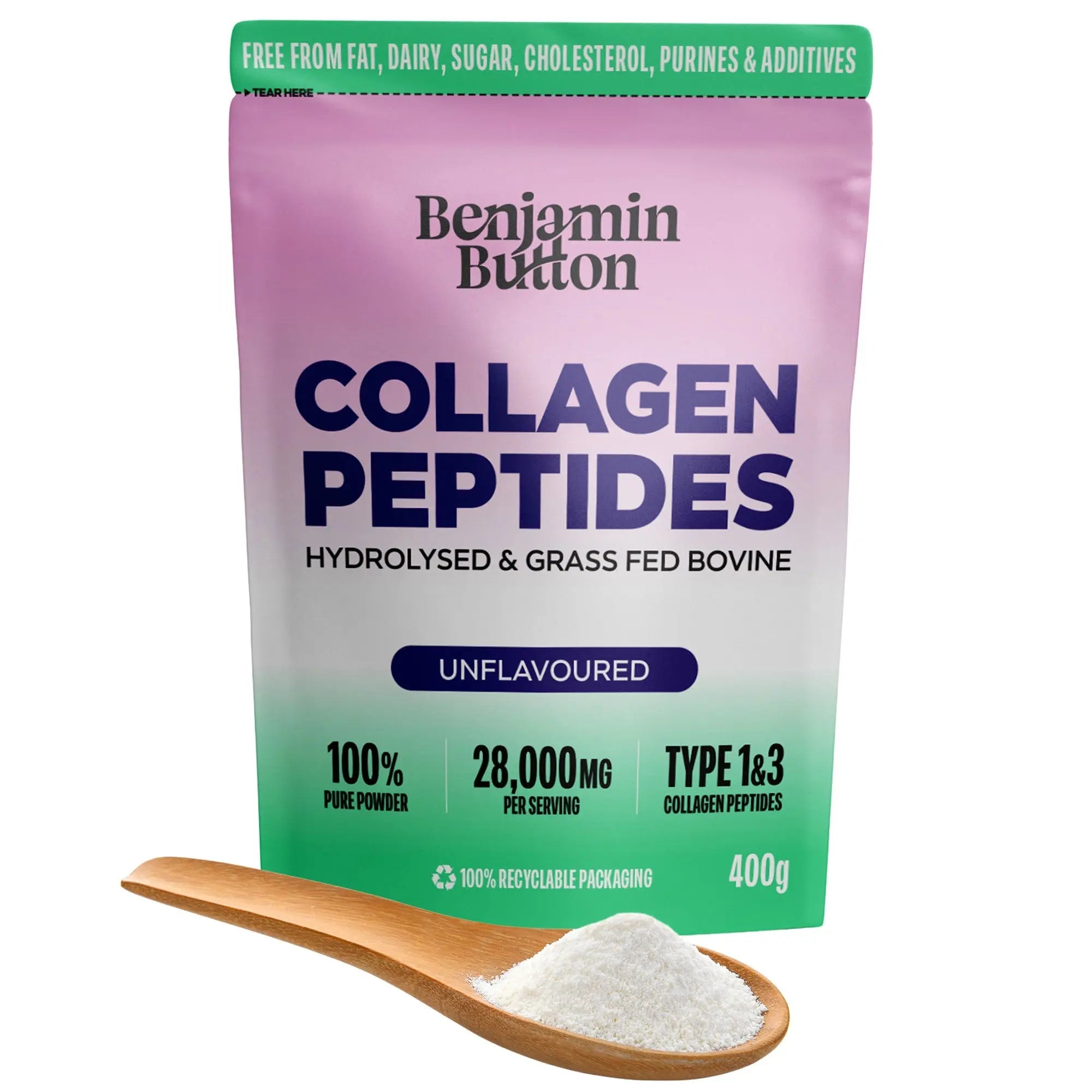 Bovine Collagen Powder - 95% Protein, 400g Unflavoured Benjamin Button