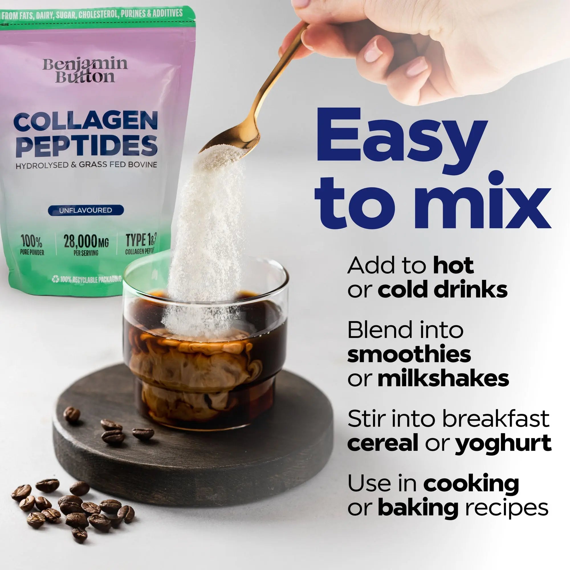 Bovine Collagen Powder - 95% Protein, 400g Unflavoured Benjamin Button