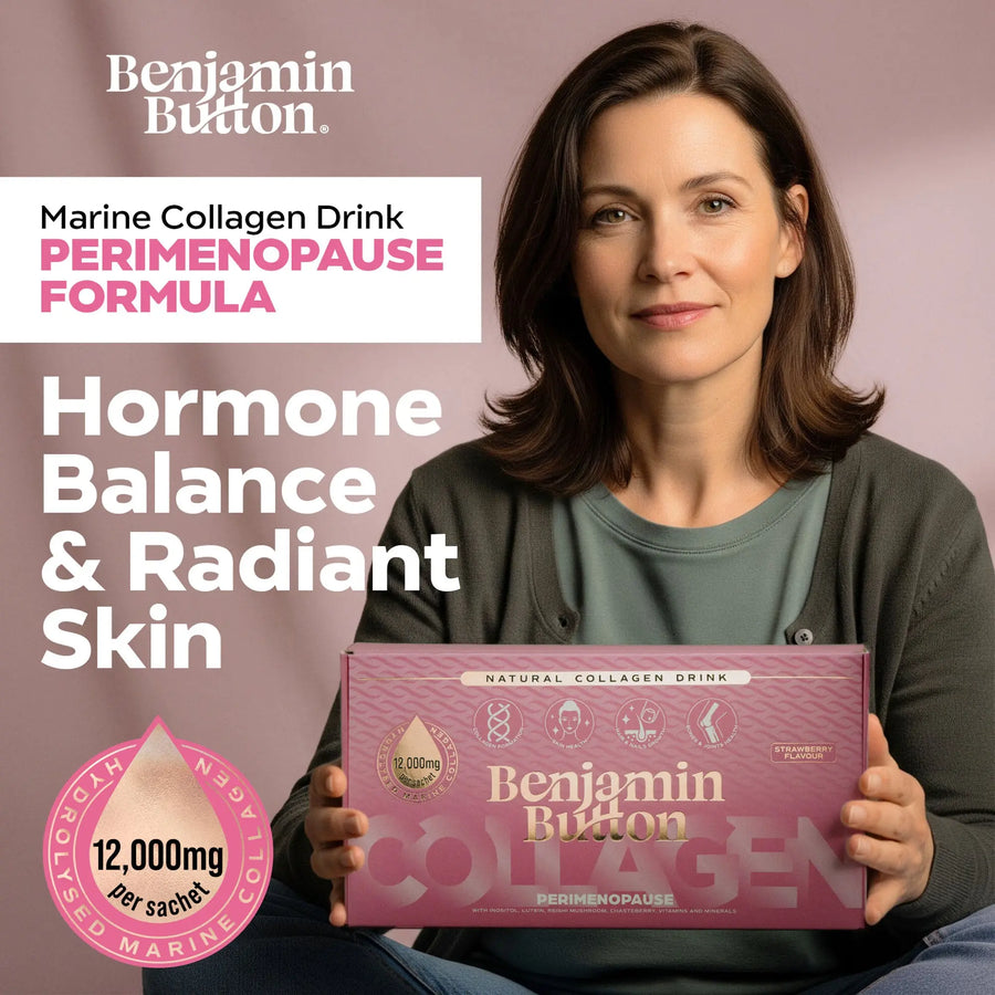 Perimenopause Collagen – Strawberry, 12,000mg Marine Collagen + Vitamins Benjamin Button
