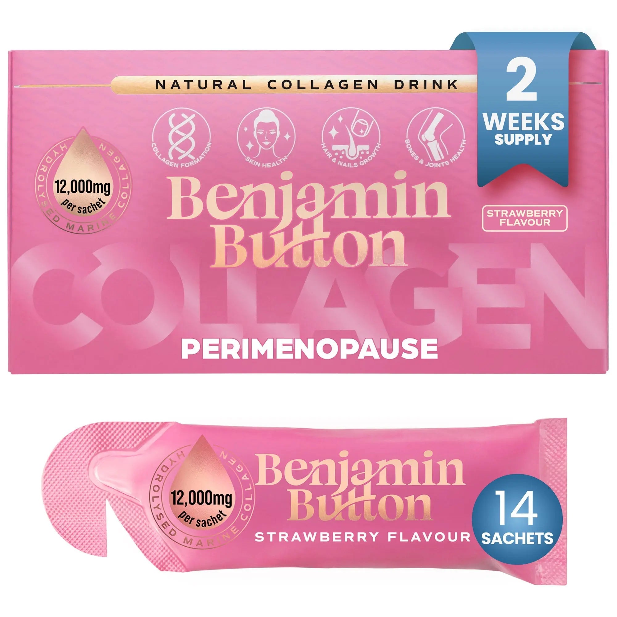 Perimenopause Collagen – Strawberry, 12,000mg Marine Collagen + Vitamins Benjamin Button