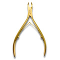 Gold-colored nail clipper on a white background