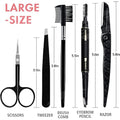 Set of eyebrow grooming tools with measurements labeled