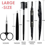 Set of eyebrow grooming tools with measurements labeled