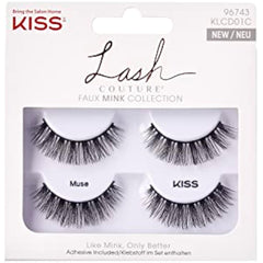 KISS Lash Couture Faux Mink Collection Double Pack of False Lashes, Muse, Ultrafine, Tapered, Synthetic Fake Lashes includes Lash Glue