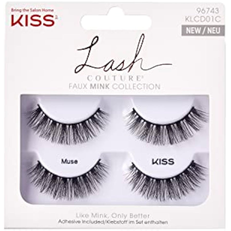 KISS Lash Couture Faux Mink Collection Double Pack of False Lashes, Muse, Ultrafine, Tapered, Synthetic Fake Lashes includes Lash Glue