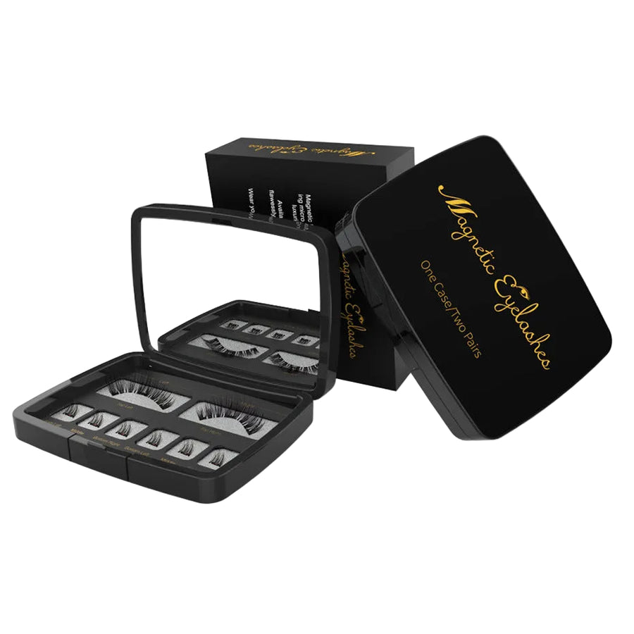 Black magnetic eyelashes case with open lid displaying false eyelashes on a white background.
