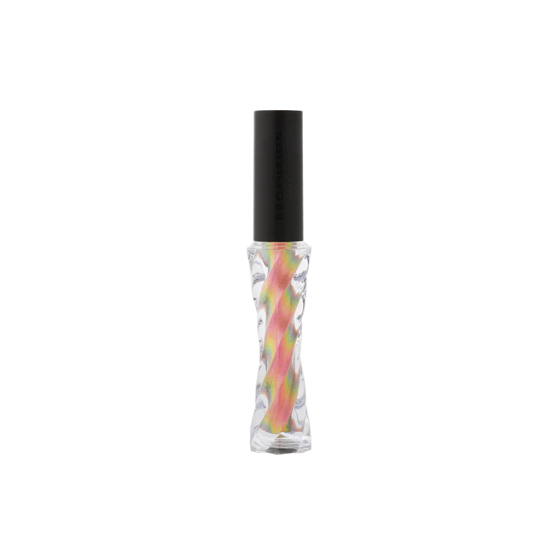 Clear lip gloss with colorful swirl design and black cap on white background