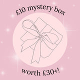 Pink background with a line drawing of a gift box and text about a mystery box offer.