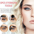Eyebrow grooming tools set with a woman's face showing well-groomed eyebrows.