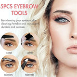 Eyebrow grooming tools set with a woman's face showing well-groomed eyebrows.