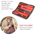 Set of grooming tools in a red and black case with text about size, weight, material, origin, and ease of carrying.