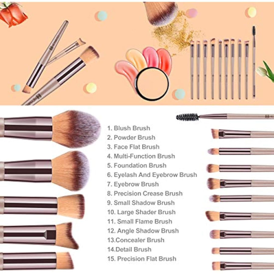 HEYMKGO Makeup Brush Set 15pcs with Bag