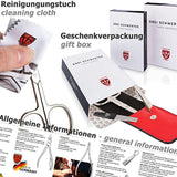 Three Swords jewelry set with packaging, cleaning cloth, and general information text.