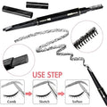 Eyebrow pencil with brush attachment and usage steps on a white background