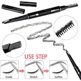 Eyebrow pencil with brush attachment and usage steps on a white background