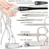 Collection of nail care tools with labels on a white background