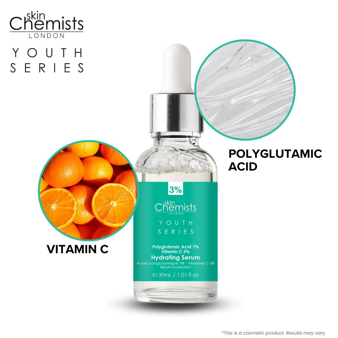 Hydrating serum with polyglutamic acid and vitamin C in glass dropper bottle 30ml
