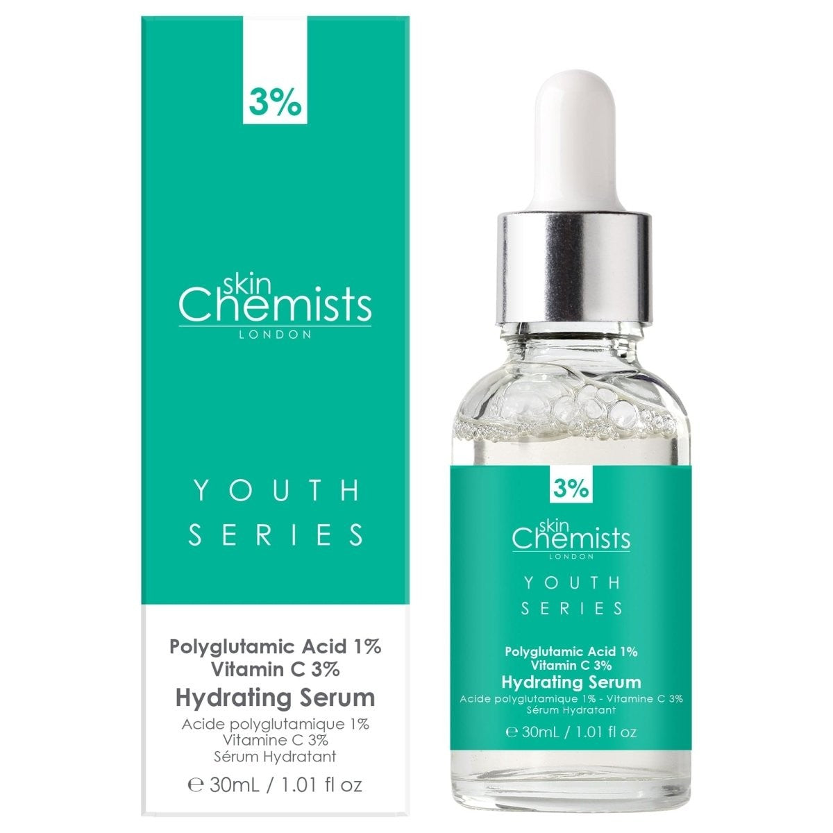 Hydrating serum with polyglutamic acid and vitamin C in glass dropper bottle 30ml