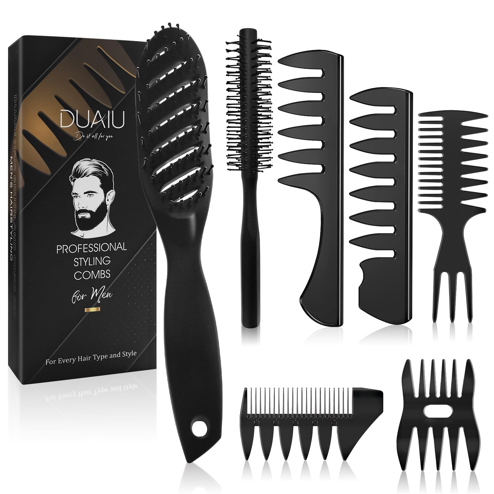 DUAIU Men’s Hair Styling Brush & Comb Set 7pcs