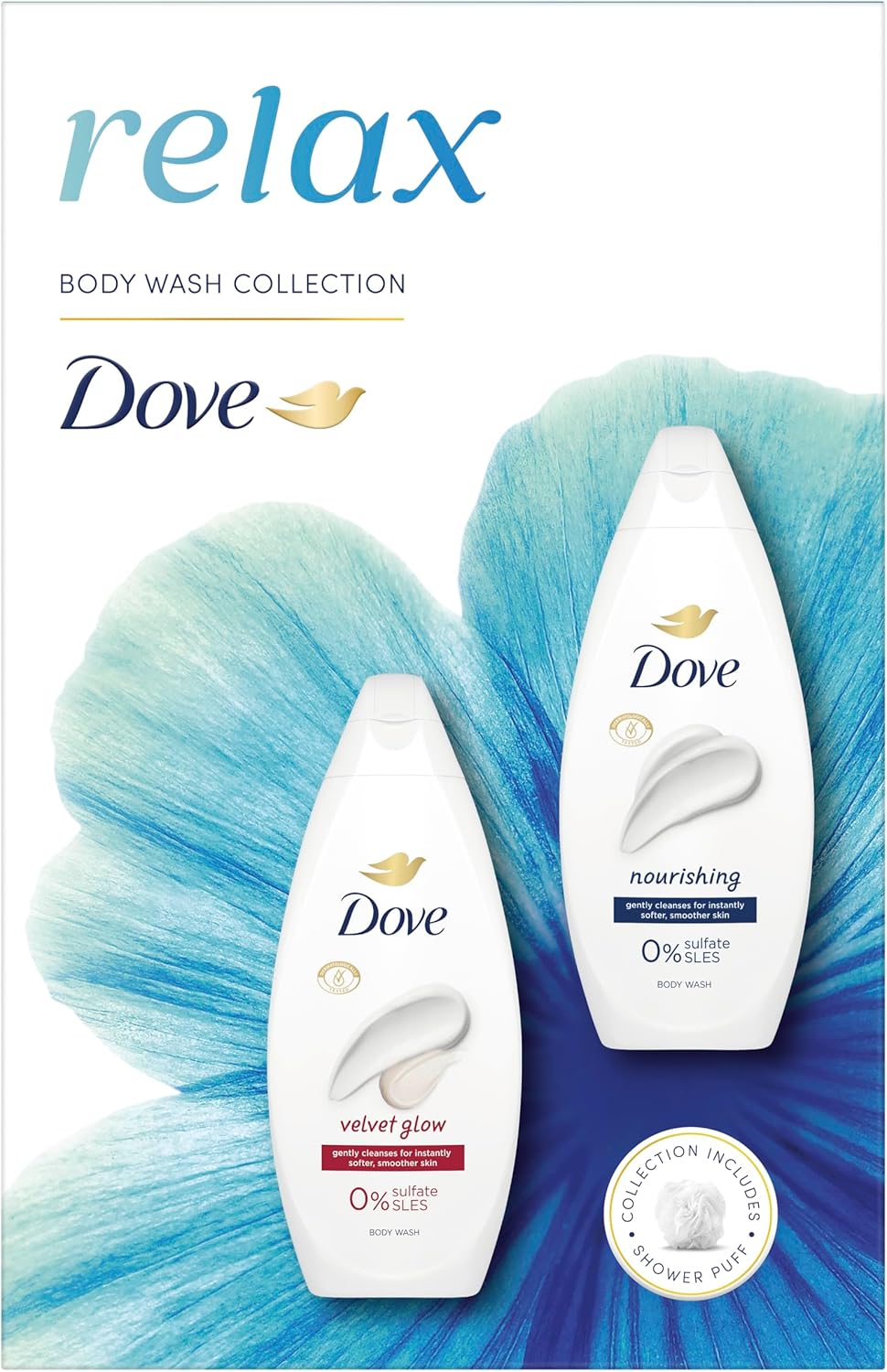 Dove Relax Duo body wash gift set with two body wash bottles and shower puff