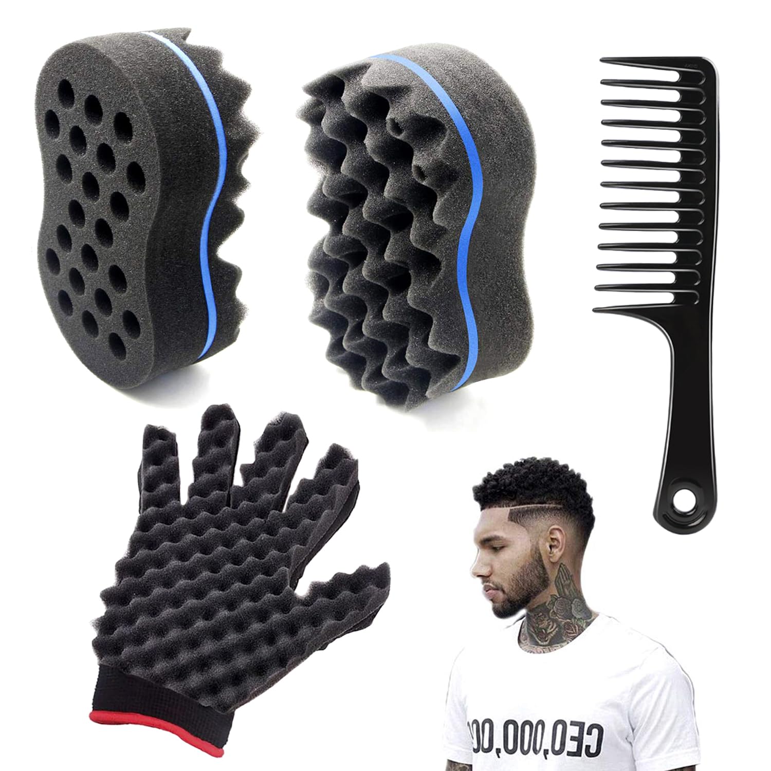 Set of grooming tools including a black comb, two black sponges with blue bands, and a black glove with red accents on a white background.