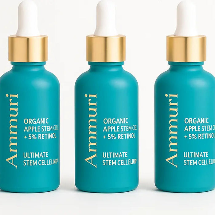 Three Ammuri skincare dropper bottles on a white background