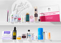 Collection of beauty products on a white background with 'Latest in Beauty' branding.