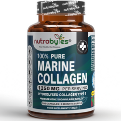 Pure Marine Collagen Supplement | 1250mg High Strength Collagen Capsules | Hydrolysed Marine Collagen Protein Peptides Type 1 | 180 Collagen Capsules | 3-month supply | Made in UK