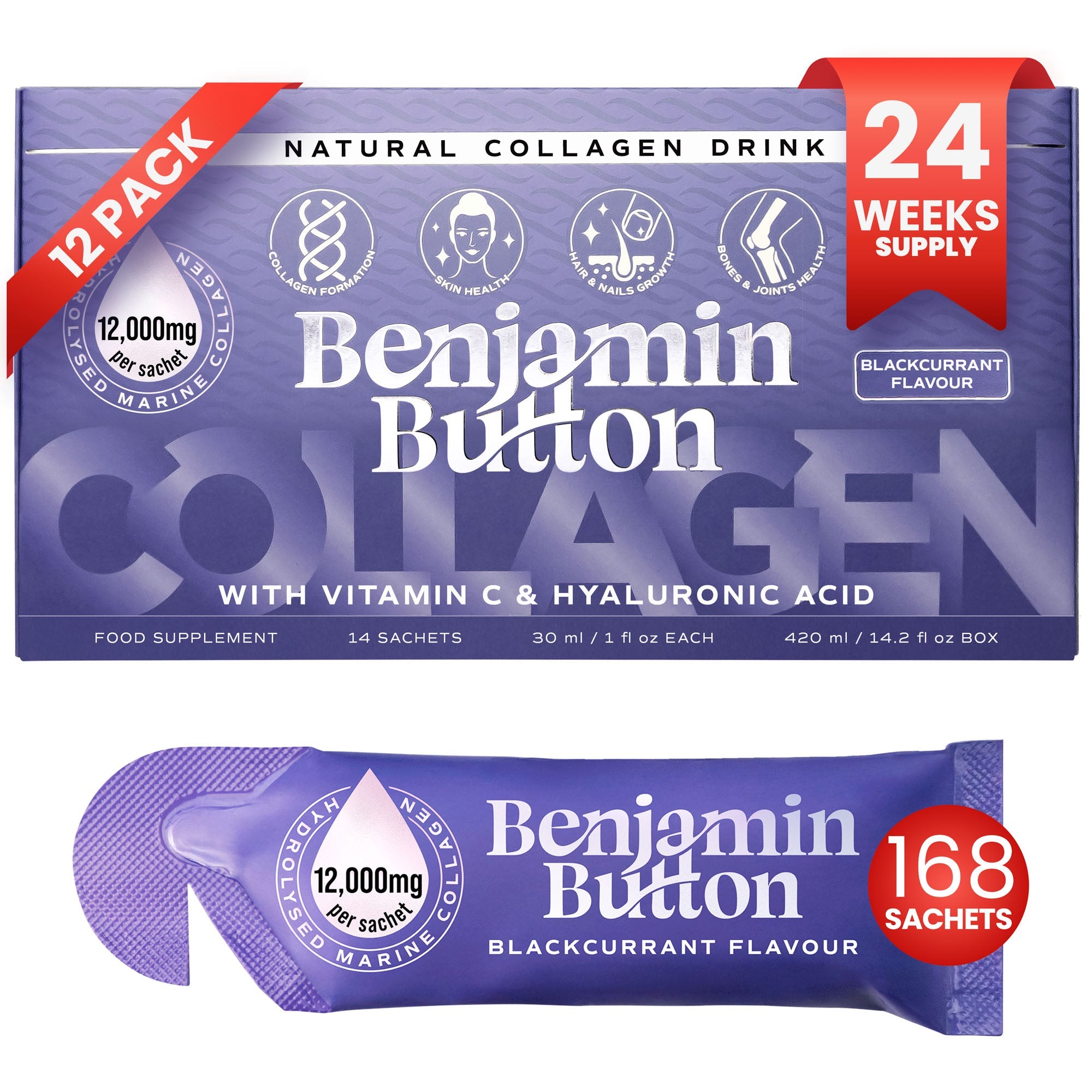 14x BlackCurrant 12,000mg Marine Collagen Liquid Sachets Benjamin Button