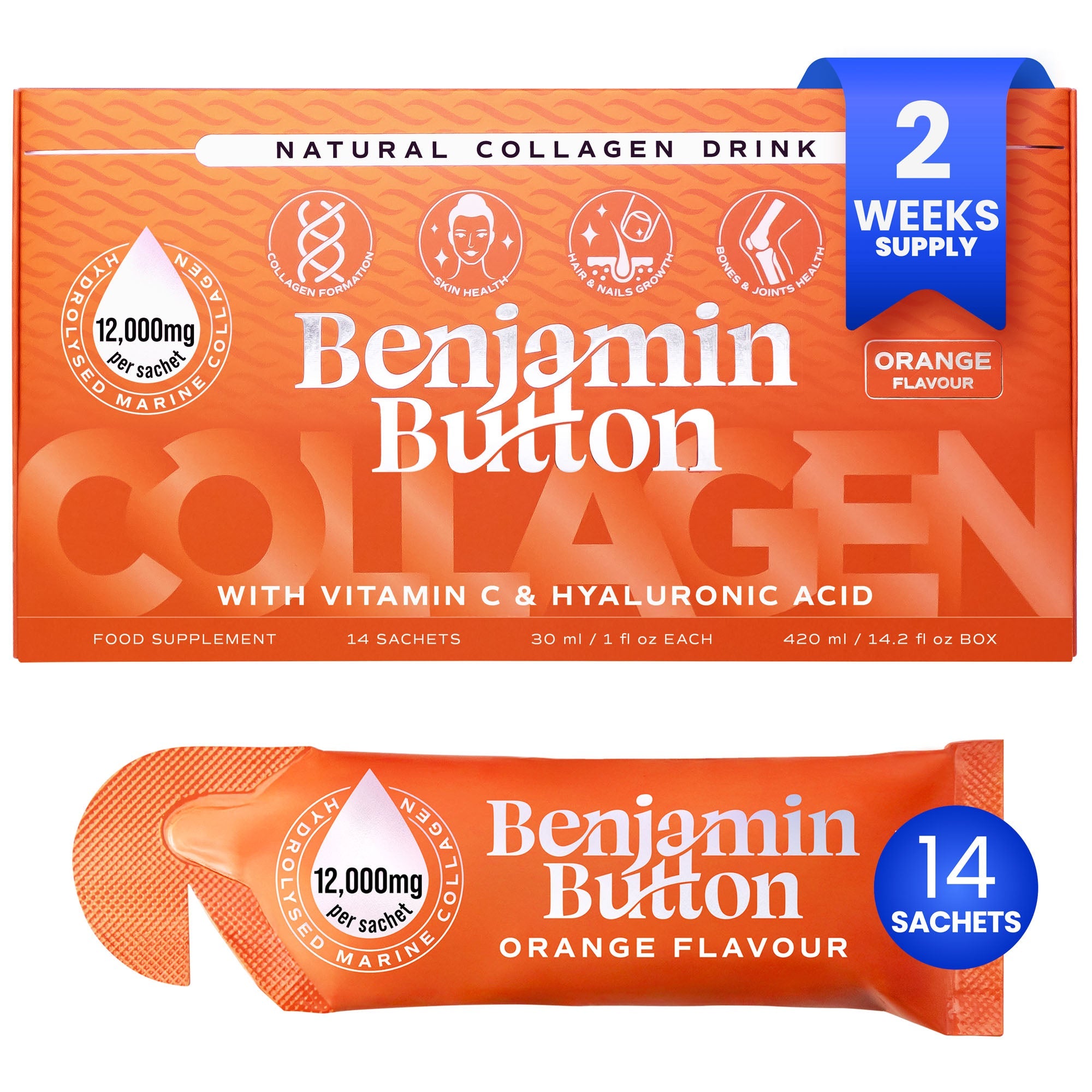 Benjamin Button Marine Collagen Sachets 12,000mg – Orange (14 Liquid Sachets)