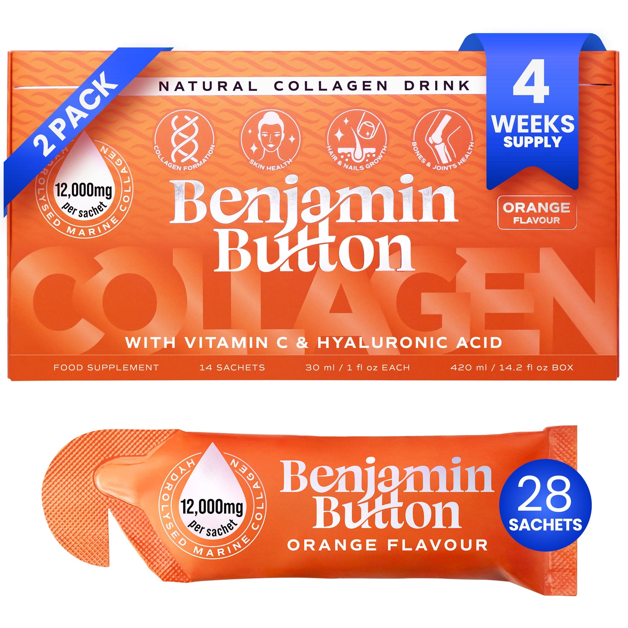 Benjamin Button Marine Collagen Sachets 12,000mg – Orange (14 Liquid Sachets)