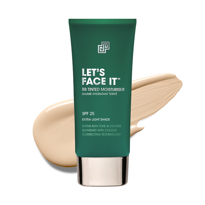 Green tube of 'Let's Face It' BB tinted moisturizer with a swatch on a white background