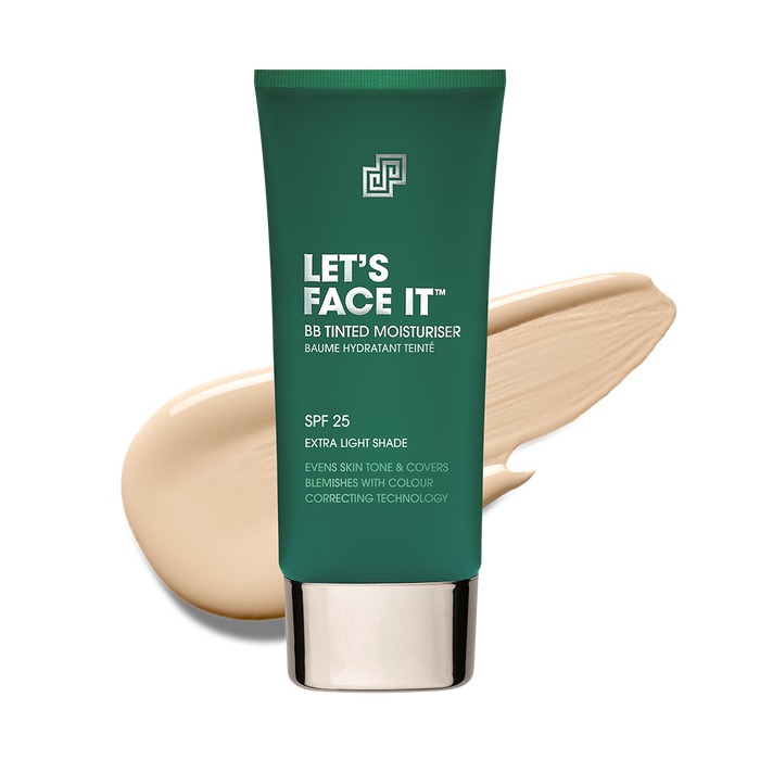 Green tube of 'Let's Face It' BB tinted moisturizer with a swatch on a white background