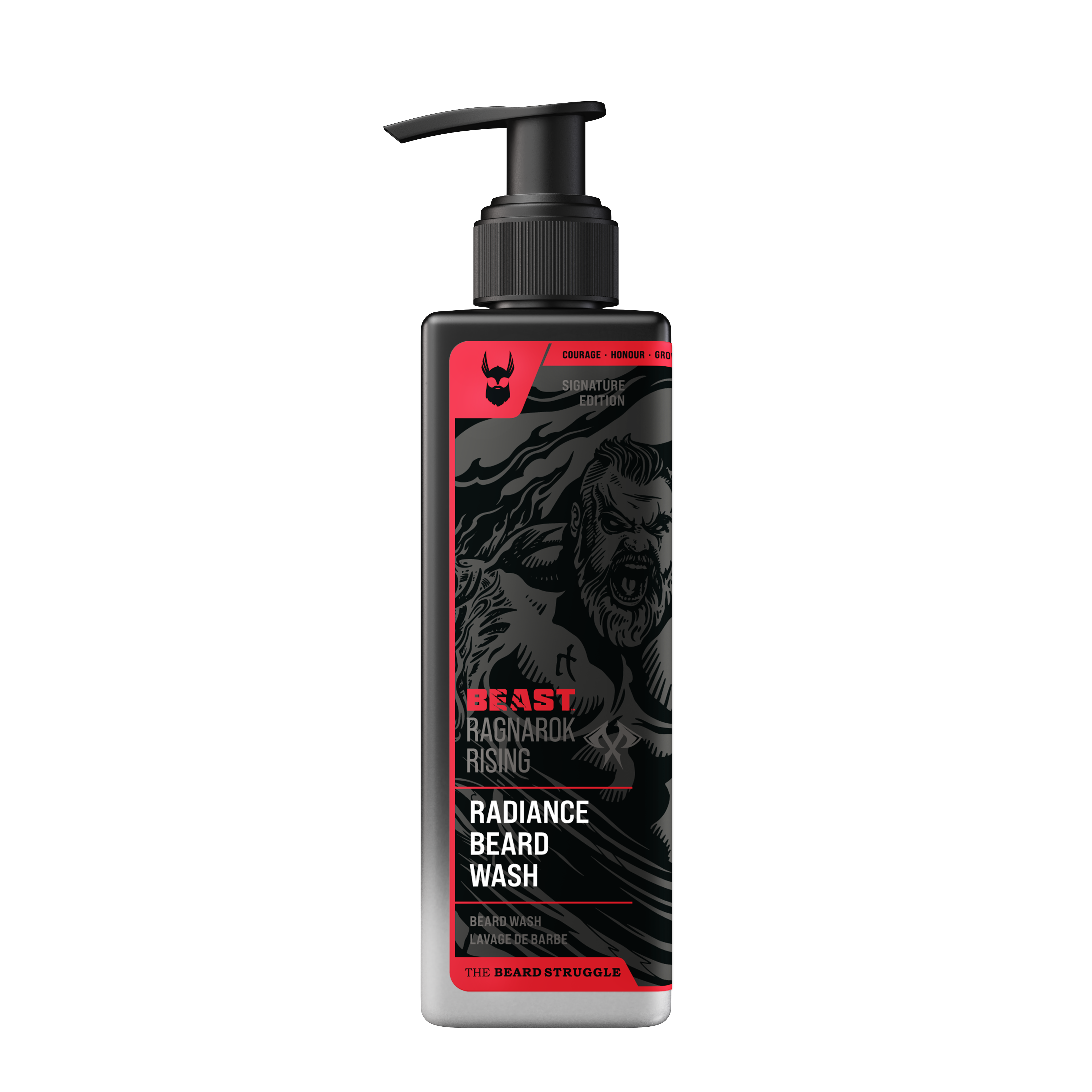 Radiance Beard Wash bottle with black pump on a white background